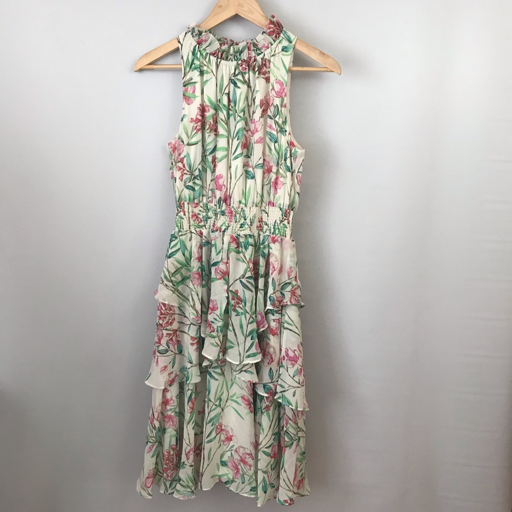 Floral Print Smocked Waist Ruffle Dress Fit&Flare
